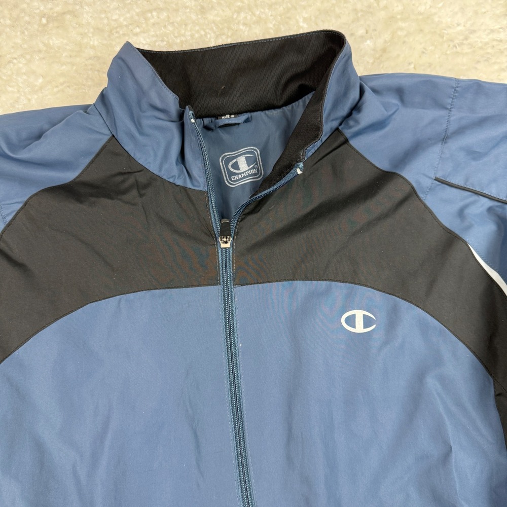 Champion Track Jacket Mens L Blue Black Colorblock Full Zip Windbreaker